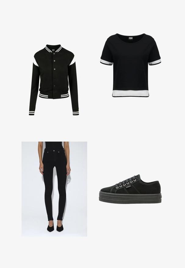 Zwarte varsityjack met witte accenten, geribde manchetten en zoom, knoopsluiting, twee zijzakken, gemaakt van zachte stof. Klassiek sportief ontwerp.; Zwarte cropped T-shirt met korte mouwen, voorzien van witte netaccenten op de mouwen en de zoom. Gladde stof; ronde halslijn.; Persoon die zwarte skinny jeans met hoge taille en zwarte puntige pumps draagt, staand tegen een effen witte achtergrond.; Zwarte canvas sneakers met een dikke, zwarte rubberen zool, ronde neus en grijze veters. Merkenlabel aan de zijkant.