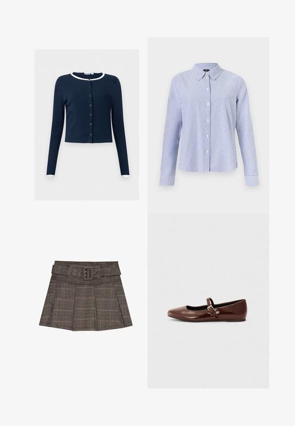 Cardigan bleu marine à manches longues, boutonné sur le devant, avec une bordure blanche au niveau du col et des poignets, tissu côtelé, coupe courte.; Chemise à manches longues boutonnée, avec des rayures verticales blanches et bleu clair et un col pointu, présentée sur un fond uni.; Jupe mini à carreaux en noir, brun et beige. Comprend une taille ceinturée, des plis et un tissu texturé avec un motif géométrique.; Ballerine en cuir verni marron avec un bout carré et une lanière ornée d'une petite boucle dorée. Texture lisse, talon bas et design minimaliste.