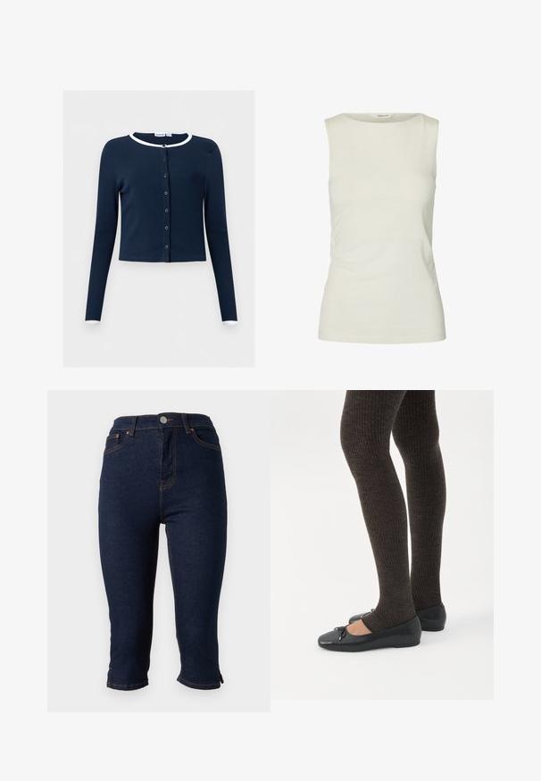 Cardigan bleu marine à manches longues, boutonné sur le devant, avec une bordure blanche au niveau du col et des poignets, tissu côtelé, coupe courte.; Débardeur blanc uni sans manches avec un col rond, fabriqué en tissu lisse, présenté sur fond blanc.; Jean skinny court en denim bleu foncé avec fermeture frontale par boutons et surpiqûres orange, présenté sur fond blanc.; Jambes portant des leggings côtelés foncés associés à des ballerines noires avec de petits détails en nœud sur fond blanc.