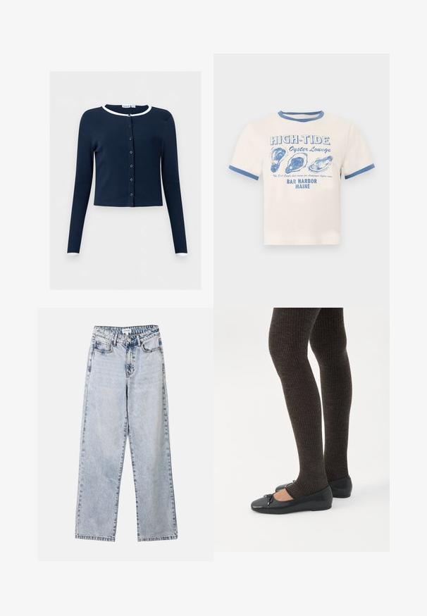 Cardigan bleu marine à manches longues, boutonné sur le devant, avec une bordure blanche au niveau du col et des poignets, tissu côtelé, coupe courte.; T-shirt crème avec bordure bleue présentant le texte « HIGH-TIDE Oyster Lounge » et trois illustrations de coquilles d'huîtres bleues, en référence à Bar Harbor, Maine.; Jean droit bleu clair en denim, doté de deux poches avant, d'une fermeture à bouton et de coutures contrastées le long des coutures.; Jambes portant des leggings côtelés foncés associés à des ballerines noires avec de petits détails en nœud sur fond blanc.