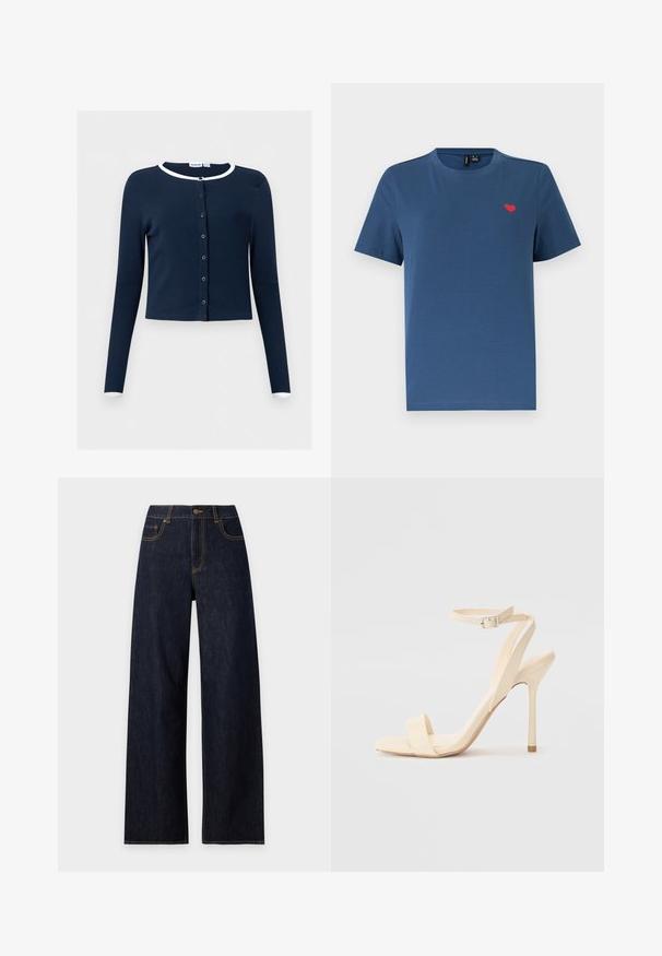 Mørkeblå cardigan med lange ærmer og knapper, hvid kant på krave og manchetter, ribstrikket stof, kort pasform.; Blå kortærmet T-shirt med rund hals og et lille rødt hjerteemblem på venstre bryst mod en ensfarvet hvid baggrund.; Mørkeblå high-waist viddeben denimjeans med forlommer og kontrastsyning, vist på en ensfarvet lys baggrund.; Beige højhælede sandaler med en slank ankelrem og firkantet tå. Glat syntetisk materiale, minimalistisk design og stiletto-hæl.