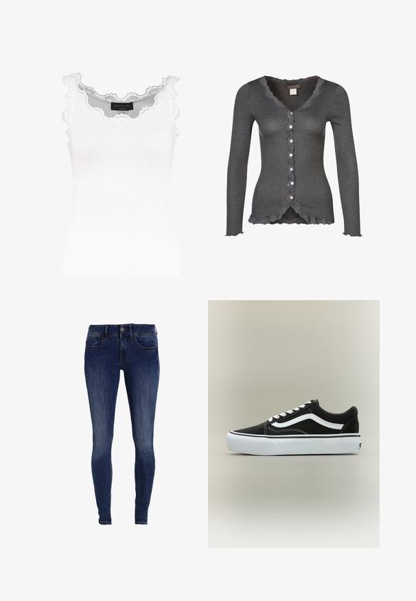 Cardigan gris à côtes avec des manches longues, bords festonnés, fermeture à boutons sur le devant et six boutons décoratifs le long de la patte.; Débardeur blanc à côtes avec dentelle au niveau de l'encolure et des manches. Présente une texture douce et une coupe ajustée. Étiquette de la marque visible à l'intérieur.; Jean skinny en denim, de couleur bleu foncé, avec un design à cinq poches et un léger délavage pour un aspect texturé.; Baskets basses noires avec bande blanche latérale, lacets blancs, semelle en caoutchouc blanche et bout texturé sur fond neutre.