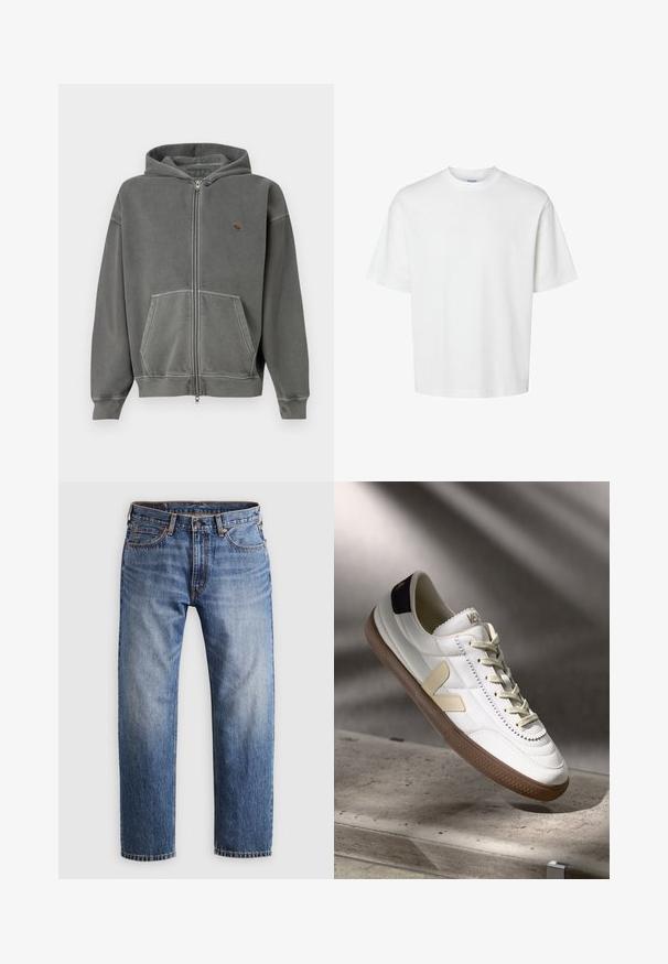 Grå zip-up hoodie lavet af blødt stof. Har en kengurulomme og et lille logo på venstre bryst. Afsluttet med en hætte med snor.; Enkel hvid t-shirt med korte ærmer, rund hals og løs pasform vist på hvid baggrund.; Stumpe ben blå denim jeans med en knap- og lynlåslukning, fem lommer og orange syninger på en lys grå baggrund.; Hvide lædersneakers med beige detaljer og en brun gummisål. Funktioner omfatter en syning og et logo på hælen.