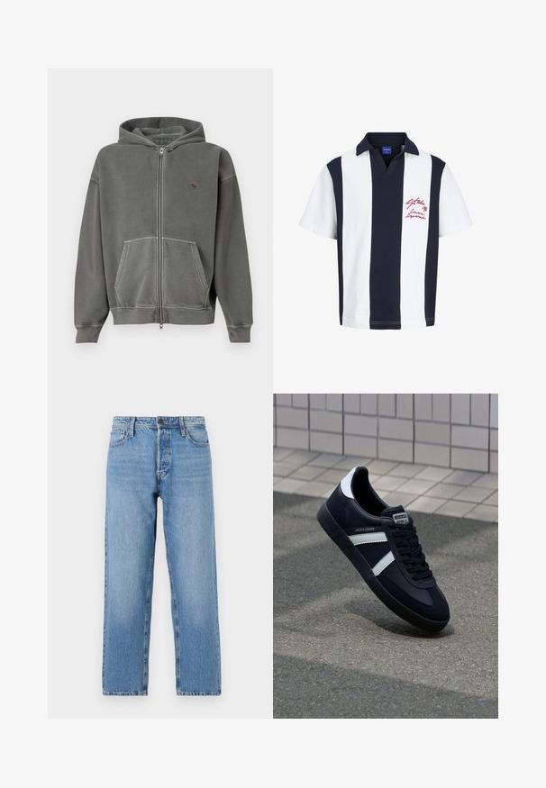 Grijze rits-hoodie van zachte stof. Heeft een kangoeroezak en een klein logo op de linkerborst. Afgewerkt met een capuchon met trekkoord.; Polo met korte mouwen met brede verticale marineblauwe en witte strepen, een marineblauwe kraag en rode tekstborduring op de linkerborst.; Lichtblauwe denim jeans met een recht beenontwerp, voorzien van een knoop- en ritsluiting, vijf zakken en subtiele vervaging.; Zwarte leren sneaker met witte strepen, een gestructureerde rubberen zool en vetersluiting aan de voorkant. Voorzien van een merklabel op de tong.