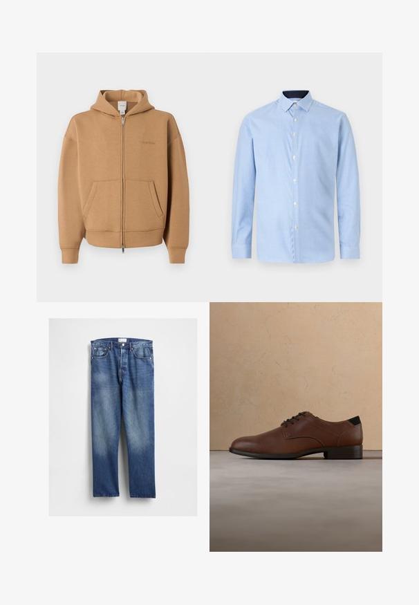 Beiger Kapuzenpullover mit Reißverschluss, Fronttaschen, langen Ärmeln, Kapuze und dezentem Calvin Klein-Logo auf der Brust.; Langärmliges Hemd in Hellblau mit kleinem Karomuster, weißen Knöpfen und einem kontrastierenden dunkelblauen Kragen. Weicher Stoff.; Blaue Denim-Jeans mit geradem Bein, vorne ausgeblichen, klassischem Fünf-Taschen-Design und Metallnieten an den Taschen.; Brauner Herrenschuh aus Leder mit schwarzen Schnürsenkeln und schwarzer Sohle, der über einem strukturierten beigefarbenen Teppich und einem beigen Sofahintergrund schwebt.