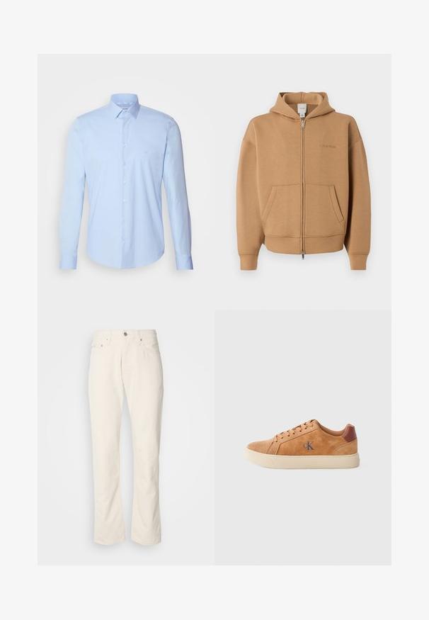 Sudadera con cremallera color marrón claro con bolsillos frontales, mangas largas, capucha y un discreto logo de Calvin Klein en el pecho.; Camisa de botones azul claro hecha de algodón, con un cuello clásico, mangas largas y un pequeño logotipo en el pecho. Textura suave.; Jeans de algodón color beige con un diseño clásico de pierna recta, que cuentan con un cierre frontal de botón, cinco bolsillos y detalles de costura sutiles.; Zapatilla de ante color canela con suela de goma beige, con acentos marrones y un pequeño logo azul en el costado. Diseño clásico con cordones.