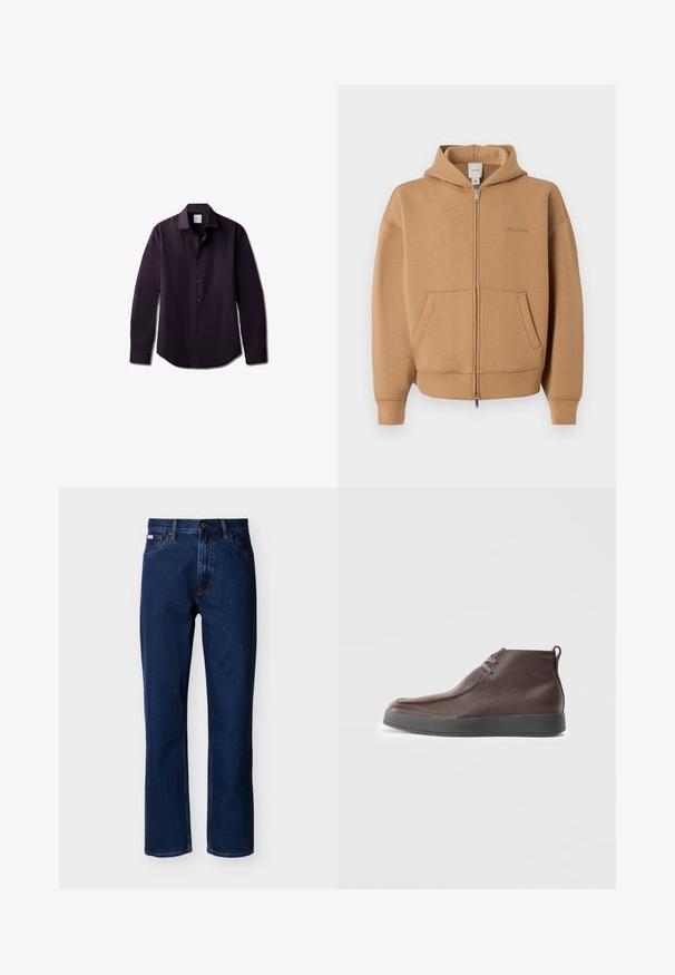 Béžová mikina na zips s vreckami vpredu, dlhými rukávmi, kapucňou a jemným logom Calvin Klein na hrudi.; Košeľa s dlhým rukávom tmavofialovej farby, vyrobená z hladkej látky. Má zapínanie na gombíky vpredu, mäkký golier a zaoblený lem.; Tmavomodré rifle s priamym strihom vyrobené z denimu, s klasickým päťvreckovým dizajnom, jemným prešívaním a zapínaním na predné gombíky.; Hnedé kožené členkové topánky s textúrovaným povrchom, mäkkou zaoblenou špičkou a šedou gumovou podrážkou, s dvoma otvormi na šnúrky.
