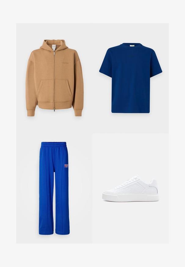 Tan lynlås-hættetrøje med forlommer, lange ærmer, hætte og diskret Calvin Klein-logo på brystet.; Ensfarvet blå T-shirt med korte ærmer, rund hals og et diskret lille logotekst centralt på brystet mod en ensfarvet baggrund.; Lyseblå elastiske sweatpants med lige ben og et lille rødt og hvidt "VERY" logo på højre lår.; Hvid lav sneaker med præget geometrisk mønster, snørelukning og tyk sål, vist i profil mod en hvid baggrund.