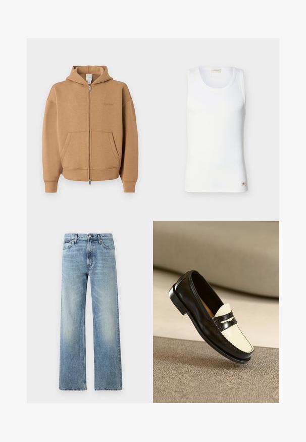 Tan lynlås-hættetrøje med forlommer, lange ærmer, hætte og diskret Calvin Klein-logo på brystet.; Hvid ribbet ærmeløs tanktop med rund halsudskæring og lille Calvin Klein-logo mærke nær kanten på ensfarvet baggrund.; Lyseblå denim jeans med lige ben, højt talje, fem lommer, knaplukning og diskrete falmede områder på lår og knæ.; Sort læderloafer med en cremefarvet vamp og sorte accentstriber, som har en lav hæl og detaljeret syning langs kanterne.