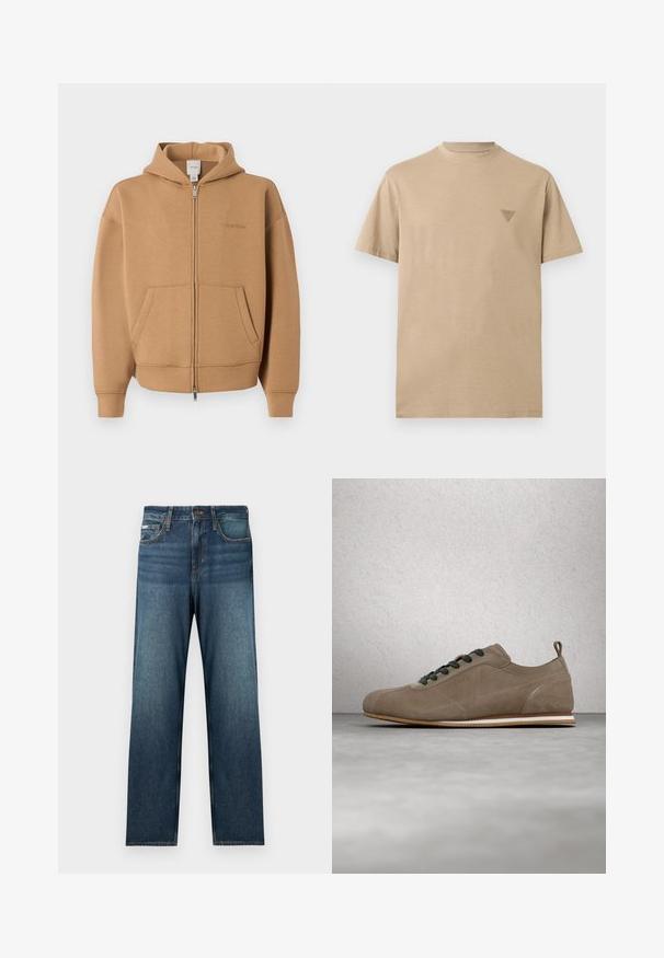 Sweat à capuche zippé beige avec poches frontales, manches longues, capuche et logo Calvin Klein discret sur la poitrine.; T-shirt beige à manches courtes et col rond, avec un petit logo triangulaire sur la poitrine gauche, design uni, coupe standard.; Jean bleu foncé avec une coupe droite, un design à cinq poches et un léger effet délavé. Fabriqué en tissu denim avec des détails de couture classiques.; Baskets en daim marron clair avec lacets noirs, bout arrondi, languette à l'arrière et semelle en caoutchouc plate ornée de rayures blanches et marron.