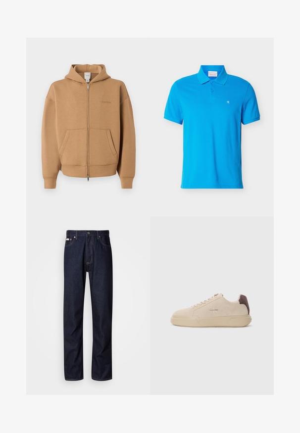 Beige zip-up hoodie met voorzakken, lange mouwen, capuchon en subtiel Calvin Klein-logo op de borst.; Blauw polohemd met korte mouwen, kraag en knoopsluiting met twee knopen, klein wit "cK" logo op de linkerborst.; Donkerblauwe denim jeans met een rechte snit, voorzien van een knoopsluiting, vijf zakken en contrasterende stiksels.; Beige suède sneakers met een ronde neus, vetersluiting aan de voorkant en een bruine suède accent op de hiel. Beschikt over een gestructureerde rubberen zool.