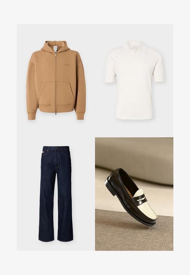 Béžová mikina na zips s vreckami vpredu, dlhými rukávmi, kapucňou a jemným logom Calvin Klein na hrudi.; Biela polokošeľa s krátkym rukávom a pletenou textúrou, s otvoreným golierom, zobrazená na jednoduchom svetlošedom pozadí.; Tmavomodré džínsové nohavice s rovnými nohavicami, s piatimi vreckami a zapínaním na gombíky, zobrazené na jednoduchom svetlom pozadí.; Čierne kožené loaferi s krémovou prednou časťou a čiernymi akcentovými prúžkami, s nízkym podpätkom a detailným prešívaním pozdĺž okrajov.