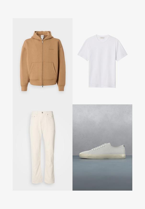 Béžová mikina na zips s vreckami vpredu, dlhými rukávmi, kapucňou a jemným logom Calvin Klein na hrudi.; Jednoduché biele tričko s krátkym rukávom a okrúhlym výstrihom, s malým reliéfovým logom na ľavej strane hrude a značkovou etikietou vo vnútri goliera.; Béžové bavlnené džínsy s klasickým strihom rovného nohu, so zapínaním na prednom tlačidle, piatimi vreckami a jemnými detailmi v šití.; Biela kožená teniska so šnúrkami vznášajúca sa nad štvorcovými drevenými dlaždicami a malými kameňmi, na pozadí stromu a sivej steny.