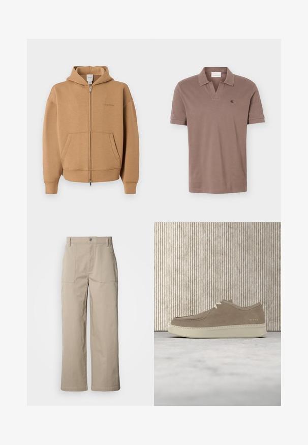 Sweat à capuche zippé beige avec poches frontales, manches longues, capuche et logo Calvin Klein discret sur la poitrine.; Polo marron à manches courtes avec col ouvert et petit logo noir "ck" sur le côté gauche de la poitrine, sur un fond uni.; Pantalon beige à jambes larges en coton ; doté de poches plaquées à l'avant, d'une fermeture à bouton et de coutures visibles le long des ourlets.; Chaussure décontractée en daim gris clair avec semelle blanche et lacets, flottant au-dessus d'un tapis beige dans une pièce avec des meubles de couleur ambre.