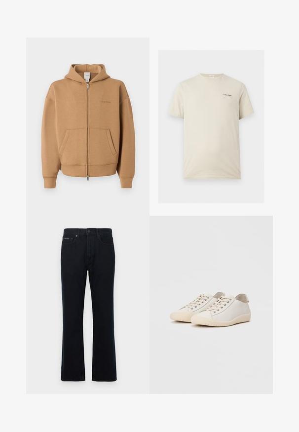 Tan lynlås-hættetrøje med forlommer, lange ærmer, hætte og diskret Calvin Klein-logo på brystet.; Beige Calvin Klein T-shirt med korte ærmer og rund halsudskæring med lille sort logo på venstre bryst.; Sorte denimjeans med lige ben, knaplukning og to forlommer. Stoffet har en glat tekstur med minimal detaljer.; Hvide sneakers lavet af glat læder med tonede stikninger, snørebåndslukning, rund tå og en tekstureret gummisål.