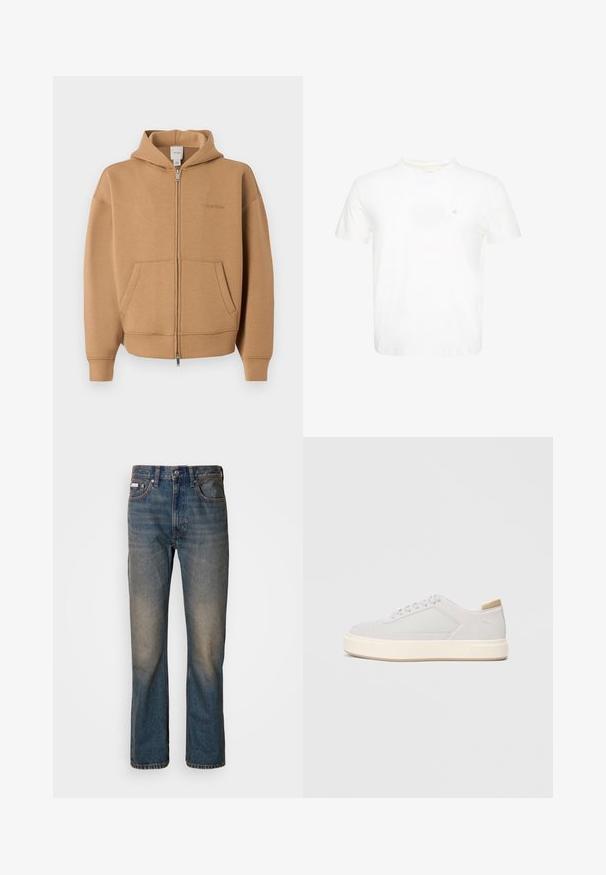 Sweat à capuche zippé beige avec poches frontales, manches longues, capuche et logo Calvin Klein discret sur la poitrine.; T-shirt blanc à manches courtes et col rond avec un petit logo "ck" brodé sur la poitrine gauche.; Jean taille haute bleu en denim, avec une coupe droite, des patchs décolorés et usés, et un style traditionnel à cinq poches.; Baskets gris clair avec une tige synthétique lisse, un bout rond et une semelle intermédiaire texturée couleur crème. Accents beige clair au niveau du talon.