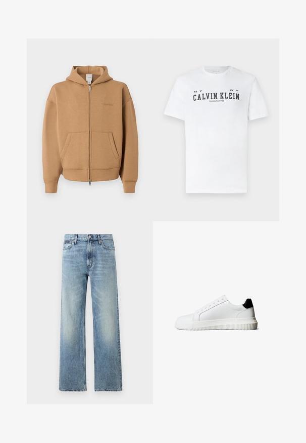 Sweat à capuche zippé beige avec poches frontales, manches longues, capuche et logo Calvin Klein discret sur la poitrine.; T-shirt blanc à manches courtes avec texte noir "NY CALVIN KLEIN Established 1968" imprimé sur la poitrine, col rond et coupe régulière.; Jean droit en denim bleu clair avec taille haute, cinq poches, fermeture à boutons et léger délavage sur les cuisses et les genoux.; Baskets en cuir blanc avec un accent noir au talon, équipées de lacets plats, d'un bout arrondi et d'une semelle en caoutchouc rainurée pour une meilleure adhérence.