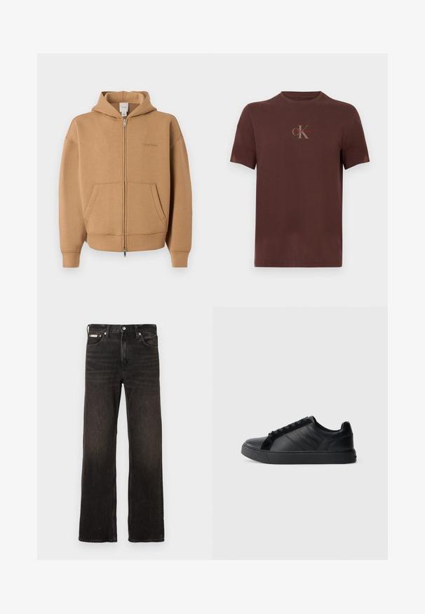 Beiger Kapuzenpullover mit Reißverschluss, Fronttaschen, langen Ärmeln, Kapuze und dezentem Calvin Klein-Logo auf der Brust.; Braunes Baumwoll-T-Shirt mit kurzen Ärmeln, einem Brustlogo in Grau und Rot, rundem Ausschnitt und einem lockeren Schnitt.; Schwarze Jeans aus Denim mit geradem Bein, verblasstem Finish, fünf Taschen und Metallknopfverschluss. Mit leichten Waschungen.; Schwarze Leder-Sneaker mit glatter Oberfläche, strukturierten Seitenpaneelen, runder Zehenpartie, flacher Sohle und Logo-Detail an der Seite. Verfügt über klassische Schnürung.