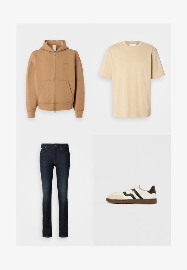Béžová mikina na zips s vreckami vpredu, dlhými rukávmi, kapucňou a jemným logom Calvin Klein na hrudi.; Béžové tričko s krátkym rukávom, vyrobené z mäkkej látky. Má okrúhly výstrih a voľný strih bez viditeľných vzorov alebo akcentov.; Tmavomodré slim-fit džínsy s gombíkom a zipsom, päť vreciek a jemné vyblednutie na stehnách a kolenách.; Biela kožená teniska s čiernymi pásikmi a svetlohnedým semišovým špicom. Podošva z tmavo hnutej gumy. Dizajn dopĺňajú šnúrky a polstrovaný golier.
