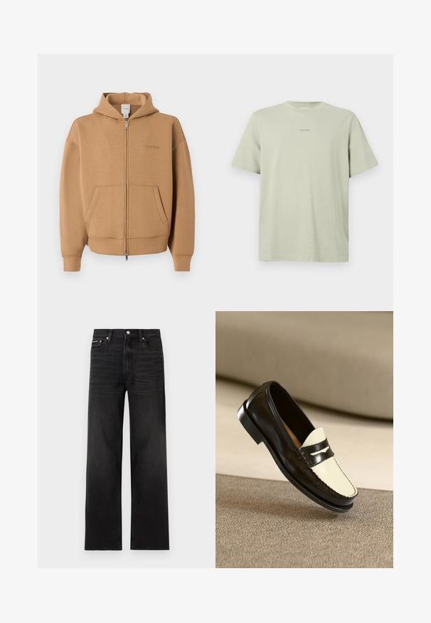 Béžová mikina na zips s vreckami vpredu, dlhými rukávmi, kapucňou a jemným logom Calvin Klein na hrudi.; Svetlozelené bavlnené tričko s okrúhlym výstrihom, krátkymi rukávmi a malým logom Calvin Klein v tmavšom odtieni potlačeným na hrudi.; Čierne rovné džínsy s piatimi vreckami, pútkami na opasok a zapínaním na gombík, zobrazené na bielom pozadí.; Čierne kožené loaferi s krémovou prednou časťou a čiernymi akcentovými prúžkami, s nízkym podpätkom a detailným prešívaním pozdĺž okrajov.