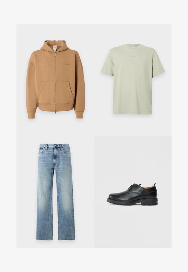 Tan lynlås-hættetrøje med forlommer, lange ærmer, hætte og diskret Calvin Klein-logo på brystet.; Lys grøn bomulds t-shirt med rund hals, korte ærmer og et lille Calvin Klein-logo i en mørkere nuance trykt på brystet.; Lyseblå denim jeans med lige ben, højt talje, fem lommer, knaplukning og diskrete falmede områder på lår og knæ.; Sorte læder derby-sko med en glat overflade, rund tå, snøre-design og en tyk, robust gummisål.