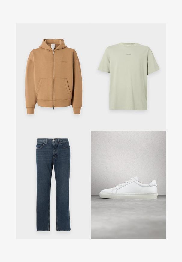 Tan lynlås-hættetrøje med forlommer, lange ærmer, hætte og diskret Calvin Klein-logo på brystet.; Lys grøn bomulds t-shirt med rund hals, korte ærmer og et lille Calvin Klein-logo i en mørkere nuance trykt på brystet.; Mørkeblå denimjeans med lige pasform, fem lommer, knaplukning og synlige sømme. Materialet har en tekstureret overflade med et klassisk design.; Hvide sneakers med en glat læderoverdel og lav profil. Har en rund tå, seks snørehuller og en tekstureret gummisål.