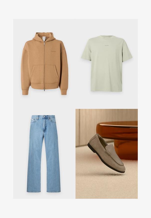Sweat à capuche zippé beige avec poches frontales, manches longues, capuche et logo Calvin Klein discret sur la poitrine.; T-shirt en coton vert clair avec un col rond, des manches courtes et un petit logo Calvin Klein imprimé en une teinte plus foncée sur la poitrine.; Jean en denim bleu clair coupe droite à cinq poches avec fermeture à boutons à la taille, présenté sur un fond uni.; Mocassin en suède marron clair avec semelle noire, posé sur un tapis beige devant une table circulaire marron réfléchissante contre un mur en bois.