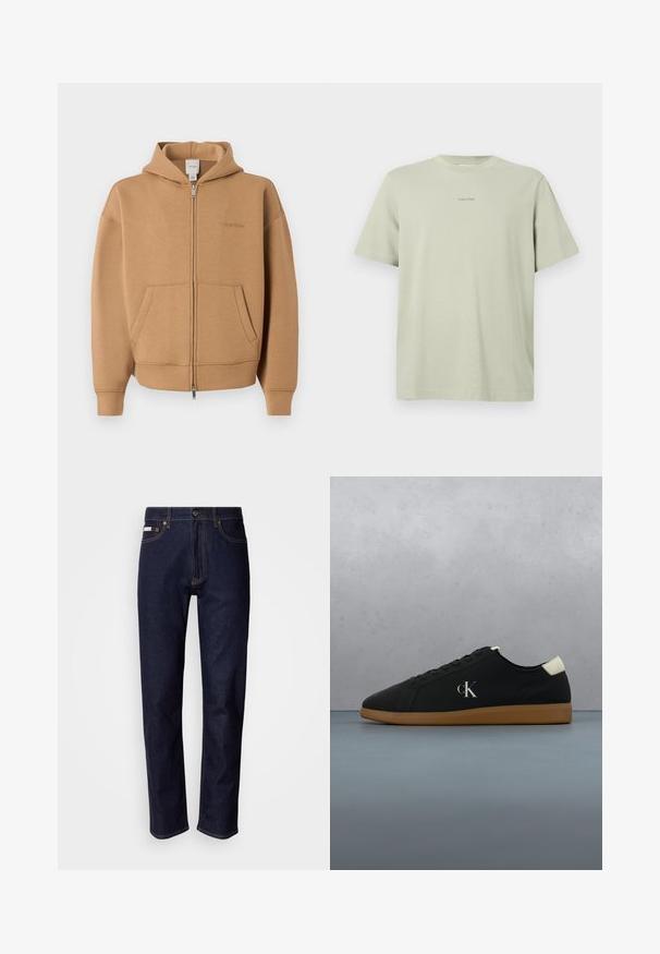 Beiger Kapuzenpullover mit Reißverschluss, Fronttaschen, langen Ärmeln, Kapuze und dezentem Calvin Klein-Logo auf der Brust.; Hellgrünes Baumwoll-T-Shirt mit Rundhalsausschnitt, kurzen Ärmeln und einem kleinen Calvin Klein-Logo in einer dunkleren Farbe, das auf der Brust gedruckt ist.; Dunkelblaue Jeans aus Denim mit geradem Bein, Knopfverschluss vorne, Fünf-Taschen-Design, kontrastierenden Ziernähten und einer glatten Textur.; Schwarze Leinensneaker mit einer Gummisohle, featuring einem silbernen "cK"-Logo an der Seite und einem weißen Akzent an der Ferse. Niedrig geschnittenes Design.