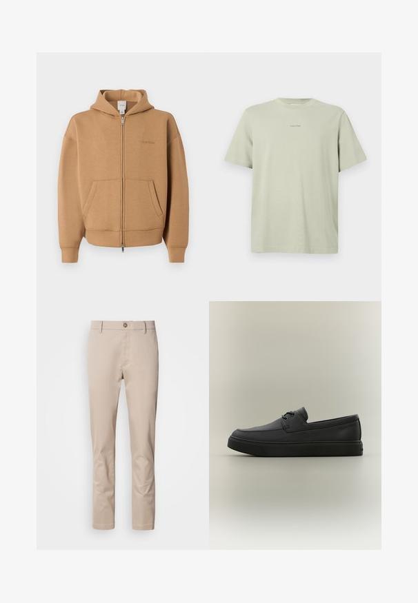 Sudadera con cremallera color marrón claro con bolsillos frontales, mangas largas, capucha y un discreto logo de Calvin Klein en el pecho.; Camiseta de algodón verde clara con cuello redondo, mangas cortas y un pequeño logo de Calvin Klein en una tonalidad más oscura impreso en el pecho.; Chinos de algodón beige con corte recto, trabillas para cinturón, un solo botón frontal y una superficie lisa, sin texturizar. No se ven bolsillos.; Mocasín casual negro de cuero con detalles de cordones y suela gruesa de goma, visto de lado sobre un fondo neutro.