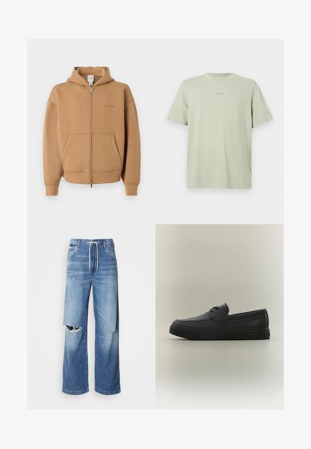 Beež zip-up kapuutsiga dressipluus esitaskute, pikkade varrukate, kapuutsi ja õrna Calvin Kleini logoga rinnal.; Kerge rohelise värvi puuvillase T-särgiga, ümar kaelus, lühikesed varrukad ja rinnal tumedamas toonis väike Calvin Kleini logo.; Hele sinise denimist püksid laia lõikega, millel on valgest nöörist vöö ja eristuvad rebenemised ees, paljastades hargnevad servad.; Must nahast vabaaja loafer, millel on paeltega detailid ja paks kummist tald, nähtav küljelt neutraalsel taustal.