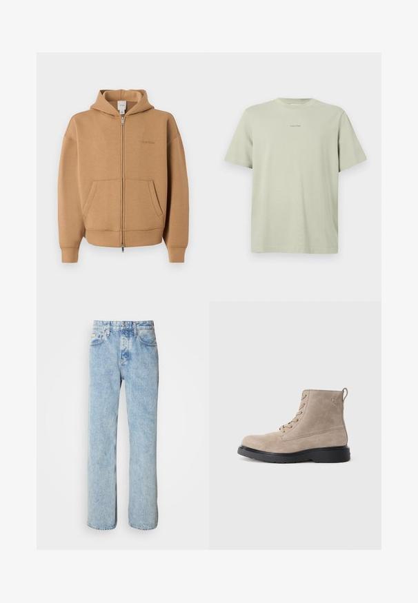Béžová mikina na zips s vreckami vpredu, dlhými rukávmi, kapucňou a jemným logom Calvin Klein na hrudi.; Svetlozelené bavlnené tričko s okrúhlym výstrihom, krátkymi rukávmi a malým logom Calvin Klein v tmavšom odtieni potlačeným na hrudi.; Svetlomodré riflové nohavice s rovným strihom, dizajnom s piatimi vreckami a viditeľným šitím. Klasický pás so zapínaním na gombík.; Béžové semišové členkové topánky s čiernou gumovou podrážkou, zaviazaním, malým embosovaným logom na boku a so stahovacím pásikom na zadnej strane.