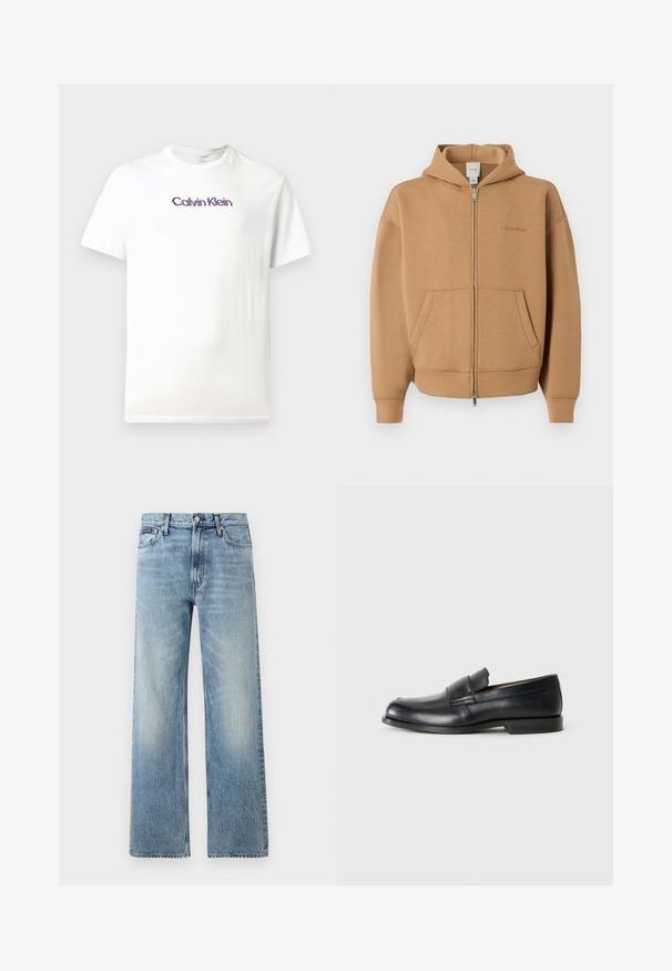 Beež zip-up kapuutsiga dressipluus esitaskute, pikkade varrukate, kapuutsi ja õrna Calvin Kleini logoga rinnal.; Valge puuvillane T-särk, millel on ümar kaelus, lühikesed varrukad ja lilla "Calvin Klein" logo trükituna rinna peal.; Hele sinise värviga sirge säärega teksapüksid kõrge vöökohaga, viie taskuga, nööpidega kinnitatavad ja õrnade plekidega reite ja põlvede piirkonnas.; Mustad mustad nahast mokassiinid ümarate varvastega, õmblustega ja lamedate kummitaldadega. Omab laia bändi jala keskosas.