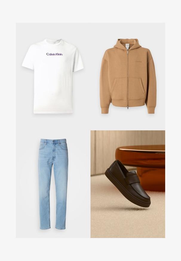 Béžová mikina na zips s vreckami vpredu, dlhými rukávmi, kapucňou a jemným logom Calvin Klein na hrudi.; Biely bavlnený tričko s okrúhlym výstrihom, krátkymi rukávmi a fialovým logom "Calvin Klein" potlačeným na hrudi.; Svetlomodré džíny z denimu so strihom rovného strihu, piatimi vreckami a pútkami na opasok. Textil má hladkú štruktúru s jemným efektom vyblednutia.; Jeden tmavohnedý kožený mokasín vznášajúci sa nad krémovým koberecom s okrúhlym oranžovým stolom v pozadí.