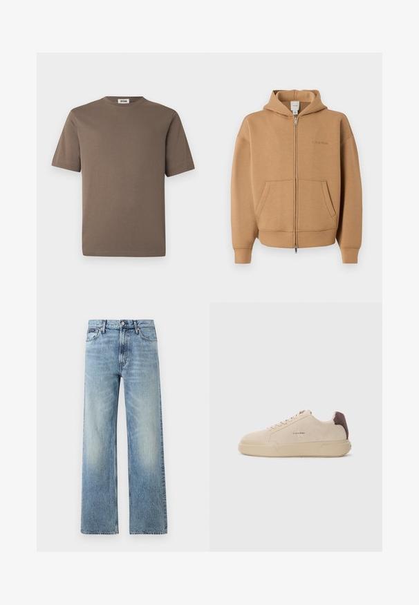 Sweat à capuche zippé beige avec poches frontales, manches longues, capuche et logo Calvin Klein discret sur la poitrine.; T-shirt en coton marron à manches courtes, col rond et texture lisse. Présente un ourlet droit et un design minimaliste.; Jean droit en denim bleu clair avec taille haute, cinq poches, fermeture à boutons et léger délavage sur les cuisses et les genoux.; Baskets en daim beige avec un bout rond, lacets à l'avant et un accent en daim marron sur le talon. Dotées d'une semelle en caoutchouc texturé.