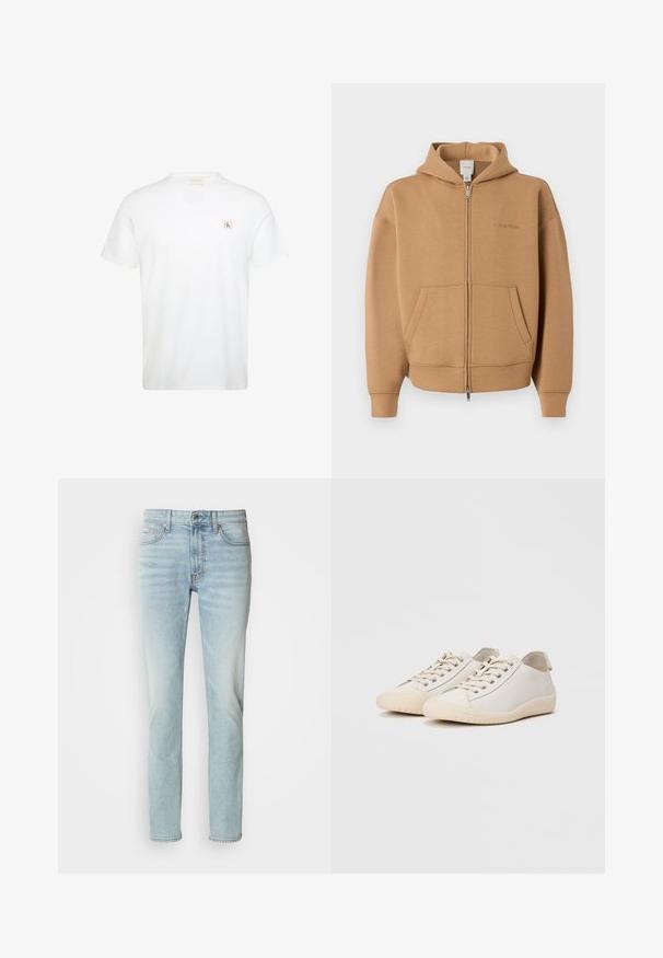 Tan lynlås-hættetrøje med forlommer, lange ærmer, hætte og diskret Calvin Klein-logo på brystet.; Hvid t-shirt med korte ærmer og rund hals med lille rød og sort Calvin Klein logo lap på venstre bryst.; Lys blå jeans lavet af denim, med lige ben design, mellem høj talje og diskret slid. Indeholder fem lommer og metalknap.; Hvide sneakers lavet af glat læder med tonede stikninger, snørebåndslukning, rund tå og en tekstureret gummisål.