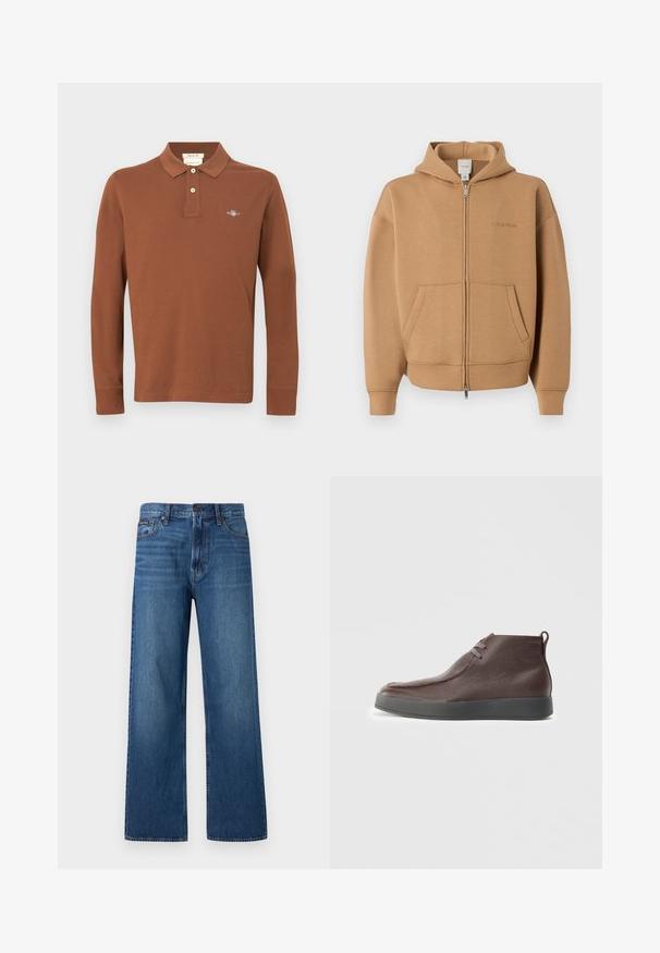 Sweat à capuche zippé beige avec poches frontales, manches longues, capuche et logo Calvin Klein discret sur la poitrine.; Polo marron à manches longues en coton avec une patte de boutonnage à trois boutons et un logo brodé sur la poitrine. Texture lisse.; Jean bleu à taille haute et coupe droite, avec bouton et fermeture éclair à l'avant, cinq poches, et un petit patch de marque sur la poche droite.; Bottines en cuir marron avec une surface texturée, un bout arrondi et doux, et une semelle en caoutchouc grise, dotées de deux œillets pour les lacets.
