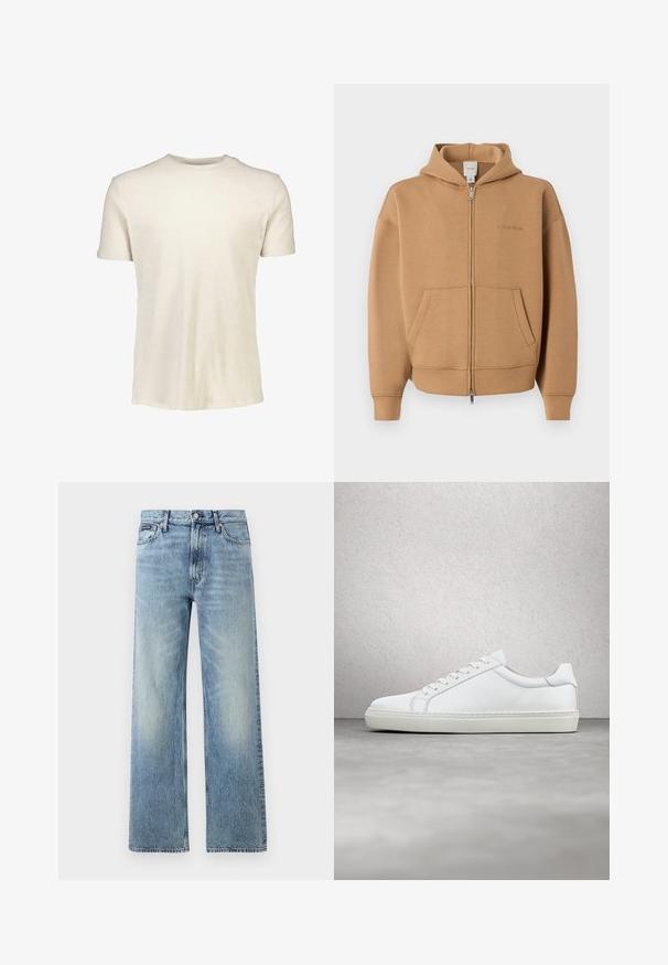 Tan lynlås-hættetrøje med forlommer, lange ærmer, hætte og diskret Calvin Klein-logo på brystet.; Kortærmet T-shirt i lyse beige, lavet af blødt bomuld. Har en rund halsudskæring og en glat tekstur uden mønstre eller grafik.; Lyseblå denim jeans med lige ben, højt talje, fem lommer, knaplukning og diskrete falmede områder på lår og knæ.; Hvide sneakers med en glat læderoverdel og lav profil. Har en rund tå, seks snørehuller og en tekstureret gummisål.