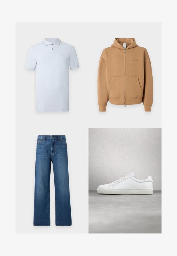 Beež zip-up kapuutsiga dressipluus esitaskute, pikkade varrukate, kapuutsi ja õrna Calvin Kleini logoga rinnal.; Lühikeste varrukatega heleroheline polo-särk, millel on kahe nupu klapiga esikülg ja vasakul rinnal peen tikitud logo, tavalise taustaga.; Sinised kõrge vöökohaga sirge säärega teksad ees oleva nööbi ja tõmblukuga, viie tasku ning paremal taskul väikese brändi logoga plaastriga.; Valge tennisetoss, millel on sile nahk pealis ja madal profiil. Omab ümarat ninaosa, kuut silmust ja tekstuuriga kummist talda.