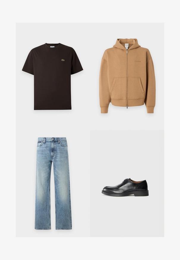 Sudadera con cremallera color marrón claro con bolsillos frontales, mangas largas, capucha y un discreto logo de Calvin Klein en el pecho.; Camiseta de algodón de manga corta en color marrón. Presenta un discreto logo de cocodrilo bordado en verde en el lado izquierdo del pecho. Diseño clásico de cuello redondo.; Vaqueros de mezclilla azul claro de corte recto con cintura alta, cinco bolsillos, cierre de botón y sutil desgaste en los muslos y las rodillas.; Zapato de vestir de cuero negro con punta redonda, superficie lisa, detalles de cordones y suela de goma texturizada baja. Líneas limpias y diseño minimalista.