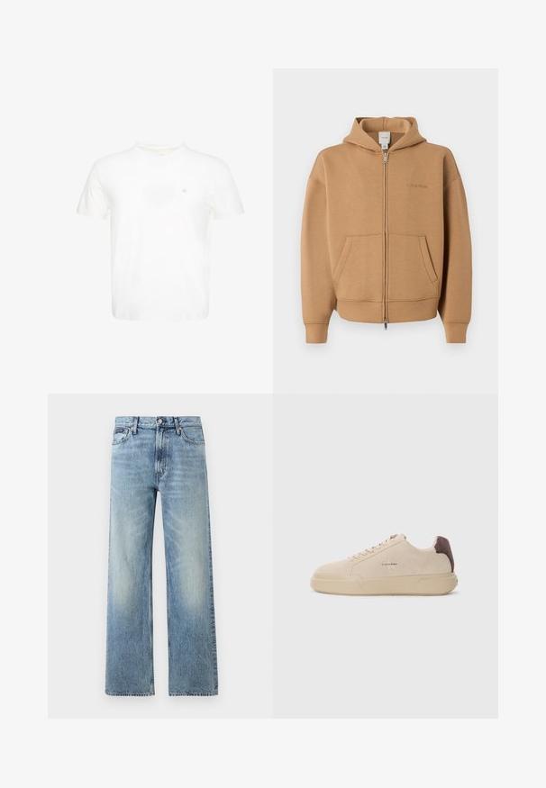 Sudadera con cremallera color marrón claro con bolsillos frontales, mangas largas, capucha y un discreto logo de Calvin Klein en el pecho.; Camiseta blanca de manga corta con cuello redondo y pequeño logo "ck" bordado en el pecho izquierdo.; Vaqueros de mezclilla azul claro de corte recto con cintura alta, cinco bolsillos, cierre de botón y sutil desgaste en los muslos y las rodillas.; Zapatilla de ante beige con punta redondeada, cordones en la parte frontal y un acento de ante marrón en el talón. Cuenta con una suela de goma texturizada.