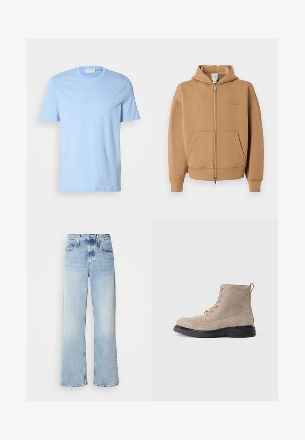 Sweat à capuche zippé beige avec poches frontales, manches longues, capuche et logo Calvin Klein discret sur la poitrine.; T-shirt en coton bleu clair avec un col rond, des manches courtes et un petit logo brodé sur la poitrine gauche. Texture lisse, coupe décontractée.; Jean large bleu clair à taille haute, avec une finition délavée, des passants de ceinture et un design classique à cinq poches. L'ourlet est brut.; Bottines en daim beige avec semelle en caoutchouc noir, design à lacets, et un petit logo embossé sur le côté, avec une languette à l'arrière.