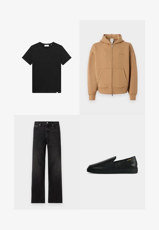 Sudadera con cremallera color marrón claro con bolsillos frontales, mangas largas, capucha y un discreto logo de Calvin Klein en el pecho.; Camiseta negra de manga corta, hecha de algodón, con cuello redondo y un pequeño logo bordado en el pecho. Textura suave, ajuste estándar.; Jeans negros de pierna recta con diseño de cinco bolsillos, presillas para cinturón y cierre de botón, mostrados sobre un fondo blanco.; Zapato negro de cuero sin cordones con suela gruesa y marca "HUGO" en dorado cerca del talón sobre un fondo liso gris claro.