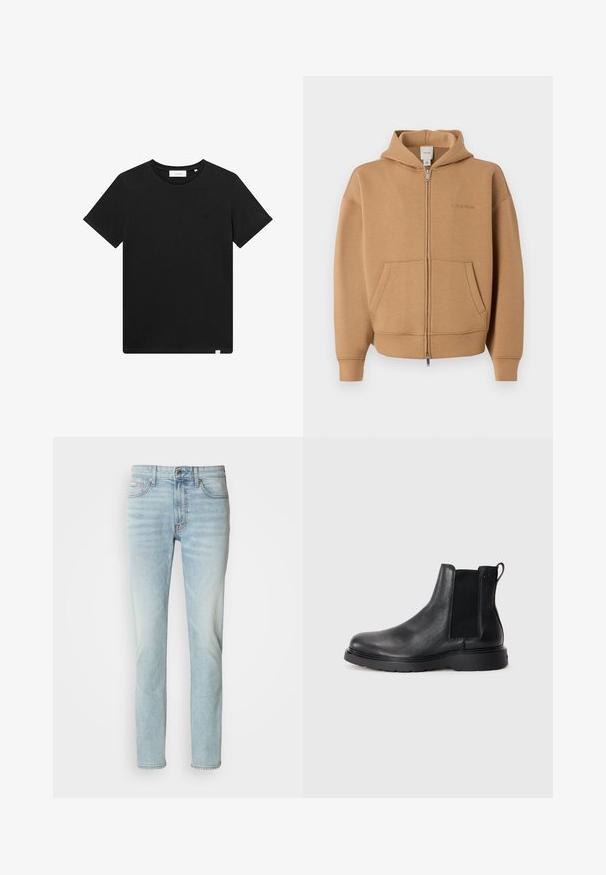 Tan lynlås-hættetrøje med forlommer, lange ærmer, hætte og diskret Calvin Klein-logo på brystet.; Sort kortærmet T-shirt lavet af bomuld, med rund hals og et lille logo broderet på brystet. Glat tekstur, standard pasform.; Lys blå jeans lavet af denim, med lige ben design, mellem høj talje og diskret slid. Indeholder fem lommer og metalknap.; Sorte læder chelsea støvler med tekstureret finish, elastiske sidepaneler og en robust gummisål. Subtil branding på hælen.