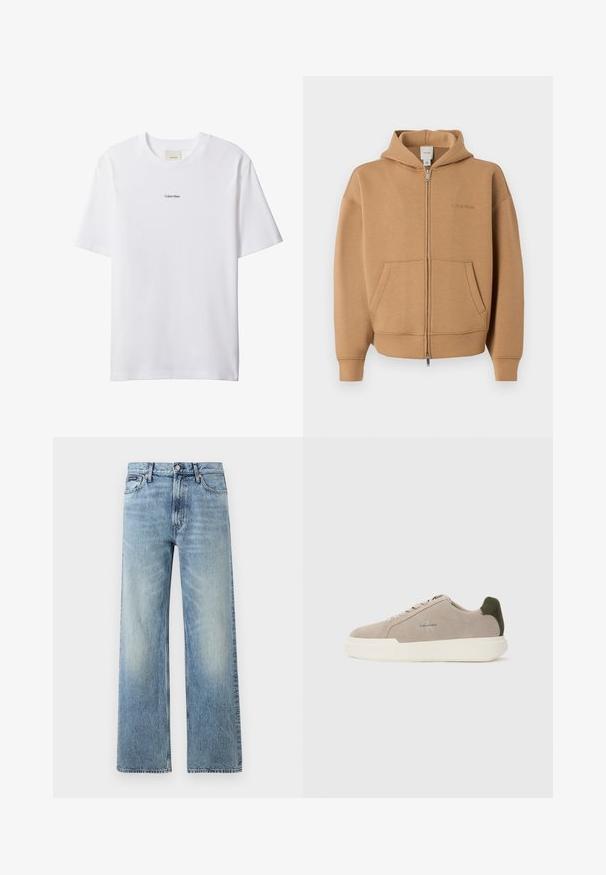 Sudadera con cremallera color marrón claro con bolsillos frontales, mangas largas, capucha y un discreto logo de Calvin Klein en el pecho.; Camiseta blanca de algodón con cuello redondo y mangas cortas. Cuenta con un pequeño logo negro de "Calvin Klein" centrado en el pecho.; Vaqueros de mezclilla azul claro de corte recto con cintura alta, cinco bolsillos, cierre de botón y sutil desgaste en los muslos y las rodillas.; Zapatillas de piel de ante beige con suela de goma blanca, que presentan un acento en el talón de color verde oscuro y un sutil logo en el lateral.