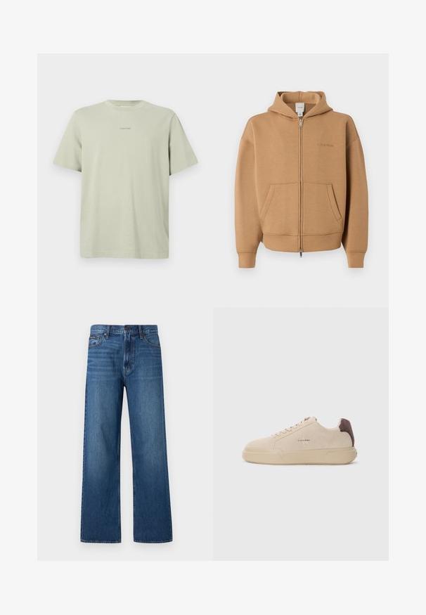 Sweat à capuche zippé beige avec poches frontales, manches longues, capuche et logo Calvin Klein discret sur la poitrine.; T-shirt en coton vert clair avec un col rond, des manches courtes et un petit logo Calvin Klein imprimé en une teinte plus foncée sur la poitrine.; Jean bleu à taille haute et coupe droite, avec bouton et fermeture éclair à l'avant, cinq poches, et un petit patch de marque sur la poche droite.; Baskets en daim beige avec un bout rond, lacets à l'avant et un accent en daim marron sur le talon. Dotées d'une semelle en caoutchouc texturé.