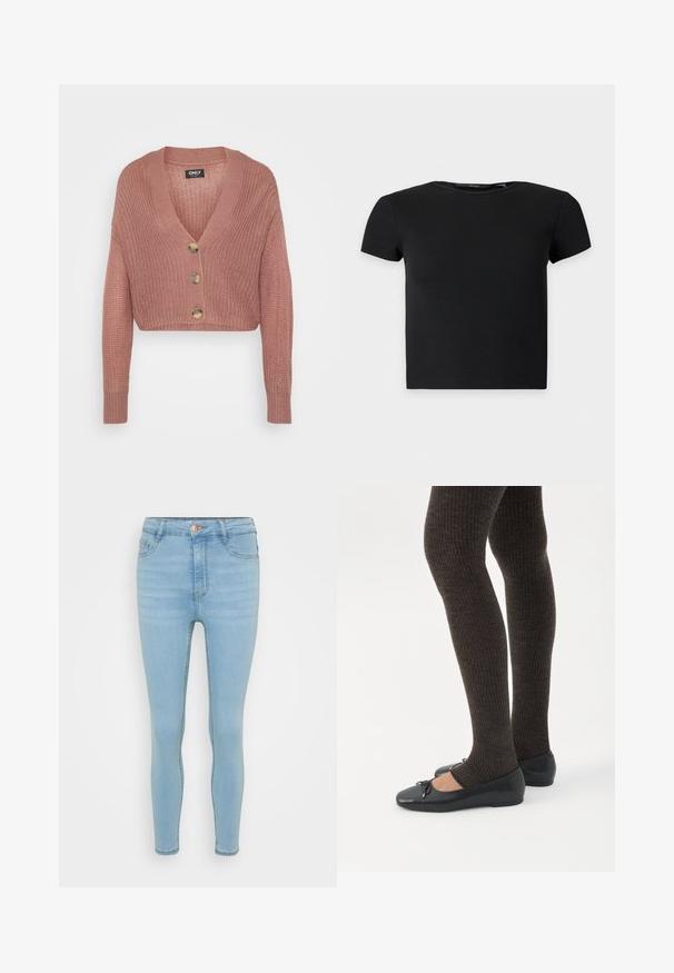Gestreepte cardigan in roze breiwerk, met een V-hals, lange mouwen en drie grote knopen in goudkleur aan de voorkant. Textuurstof.; Zwarte korte mouwen geribbelde crop top met ronde halslijn, weergegeven op een effen lichte achtergrond.; Lichtblauwe skinny jeans van denim met een hoge taille, voorzien van een sluiting met een knop en rits aan de voorkant, vijf zakken en subtiele vervaging.; Benen met donkere geribbelde leggings gecombineerd met zwarte ballerina's met kleine strikdetails op een witte achtergrond.