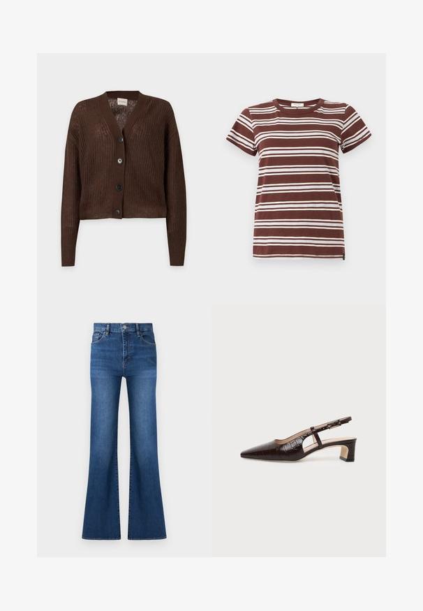 Cardigan marron tricoté à manches longues, col en V et quatre boutons noirs sur le devant, sur un fond uni clair.; T-shirt marron à rayures avec des rayures blanches horizontales, manches courtes et col rond classique en coton doux.; Jean en denim bleu taille haute avec fermeture à boutons, poches avant, et jambes larges légèrement évasées sur fond blanc.; Chaussure slingback en cuir marron foncé à texture crocodile, bout pointu, talon bas bloc et bride ajustable avec boucle dorée.