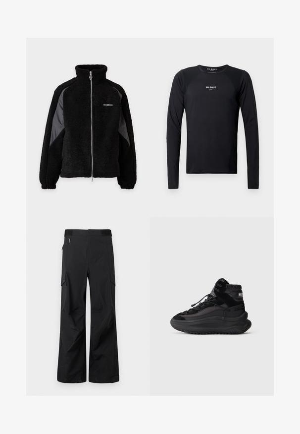 Veste zippée en polaire noire avec col montant et panneaux en tissu lisse contrastants sur les manches, poignets élastiques et petit logo blanc sur la poitrine.; T-shirt de sport long noir en tissu lisse et léger. Il possède un col rond, des manches raglan et un logo discret sur la poitrine.; Pantalons cargo noirs en tissu lisse et résistant à l'eau. Dotés de jambes larges, de multiples poches latérales et d'une taille plate avec un branding subtil.; Basket en toile noire à tige haute avec semelle épaisse, empeigne à lacets, col de cheville rembourré et panneaux latéraux texturés sur un fond clair.