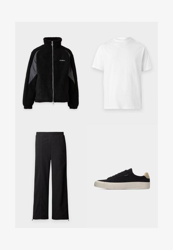 Schwarze Fleecejacke mit Reißverschluss und hohem Kragen, kontrastierenden glatten Stoffeinsätzen an den Ärmeln, elastischen Bündchen und kleinem weißen Logo auf der Brust.; Schlichtes weißes T-Shirt mit kurzen Ärmeln und Rundhalsausschnitt, einfaches und sauberes Design ohne sichtbare Logos oder Muster.; Schwarze weit geschnittene Hosen mit glatter Textur, elastischem Bund und Kordelzugverschluss an den Knöcheln. Verfügt über kontrastierende Steppnähte.; Schwarzer Low-Top-Sneaker mit beigem Fersenlasche, weißer dicker Gummisohle, schwarzen Schnürsenkeln und kleinem "PS Paul Smith"-Label an der Seite.