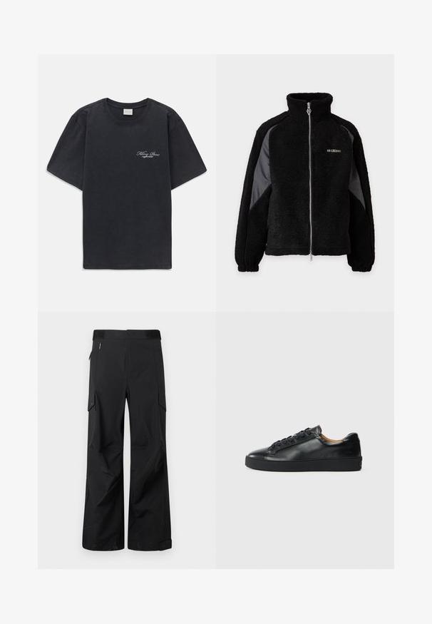 Chaqueta negra de forro polar con cremallera, cuello alto y paneles de tela lisa en contraste en las mangas, puños elásticos y pequeño logo blanco en el pecho.; Camisa de tirantes negra con cuello redondo y logo pequeño en blanco de "Filling Pieces" en el lado izquierdo del pecho.; Pantalones cargo negros fabricados con un tejido suave y resistente al agua. Presentan piernas anchas, múltiples bolsillos laterales y una cinturilla plana con un branding sutil.; Zapatilla negra de cuero con una textura suave, puntera redonda y cierre de cordones. Presenta una suela de goma gruesa y un detalle de marca mínimo.
